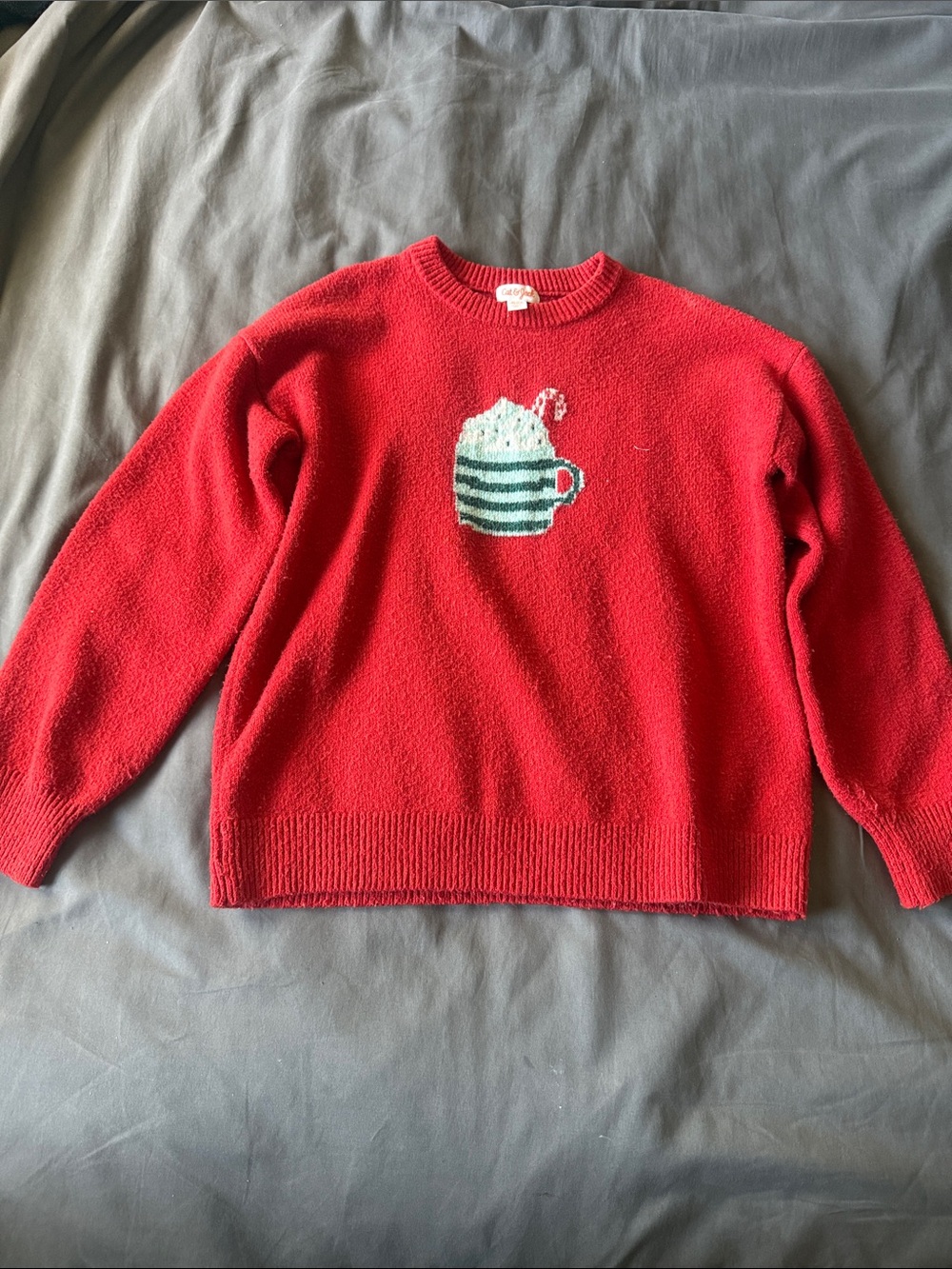 Cat & Jack Red Crewneck Sweater with Striped Mug Graphic